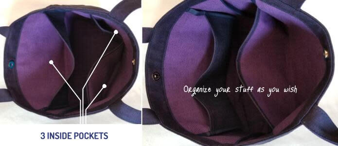 morukan.art - a denim tote bag with 3 pockets inside to organize your stuff as you wish